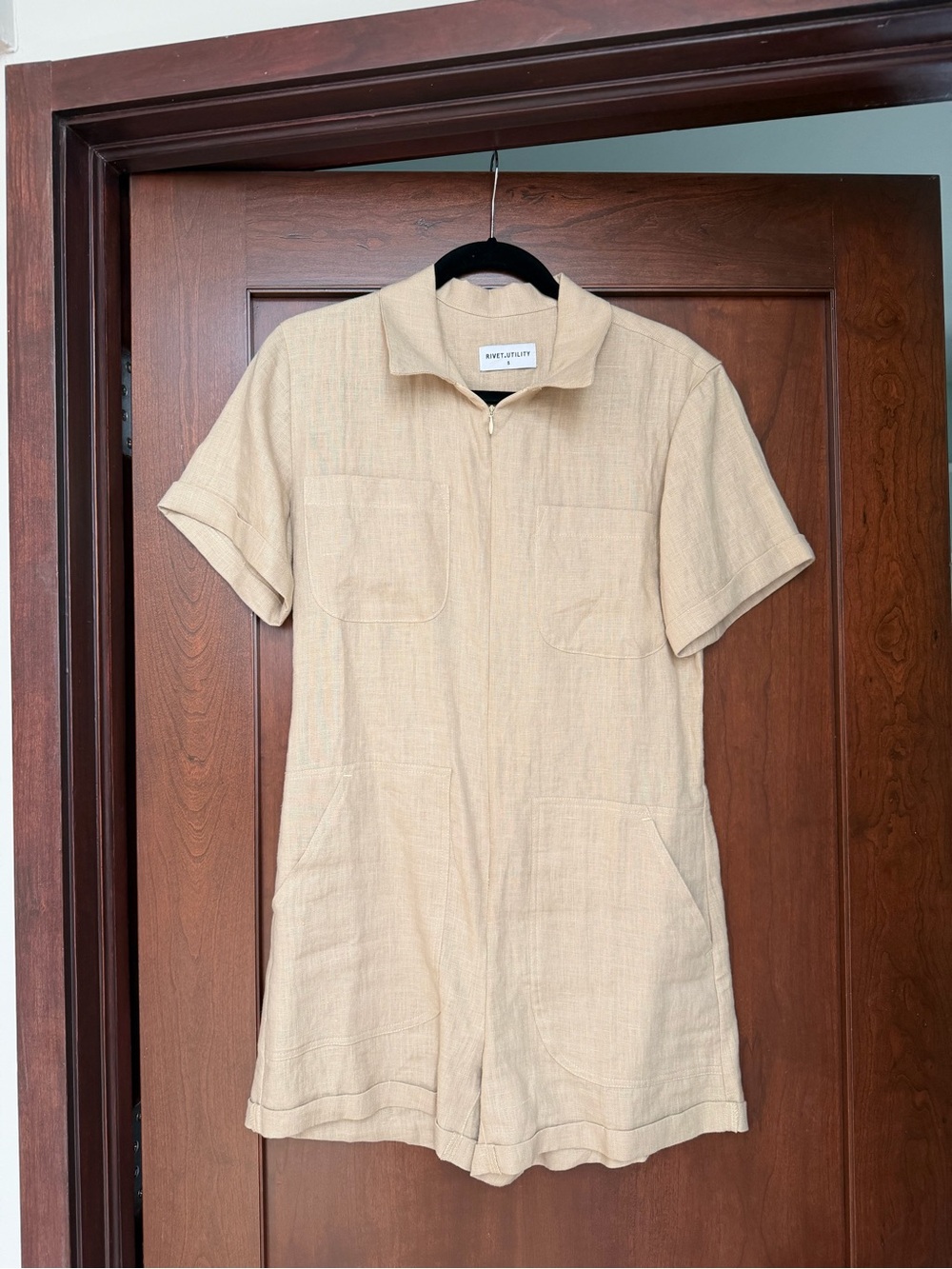 Rivet Utility Short Sleeve Zip Romper in Beige linen size S